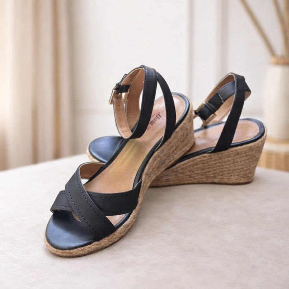 G.H. Bass & Co Black Espadrille Wedge Sandals Ankle Strap Buckle Size 8.5